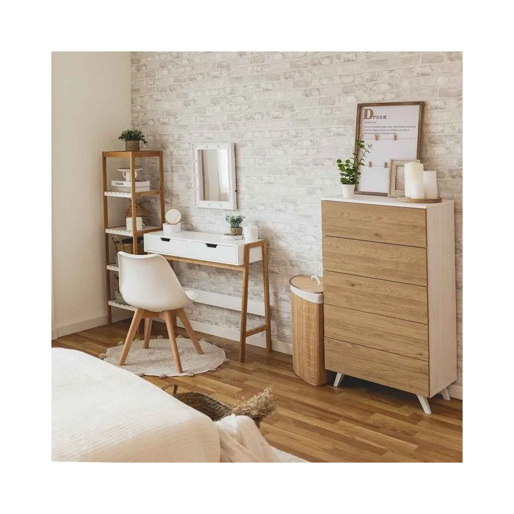 Sinfonier con 5 Cajones y con Patas, Comoda Cajonera, Color Roble y blanco, 60cm (An) x 118,5cm (Al) x 37,8cm (Fon)