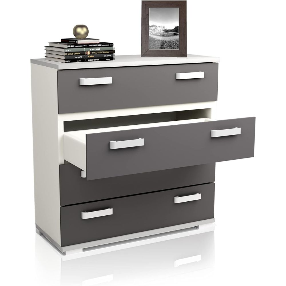 Comoda 4 Cajones, Mueble Almacenaje Dormitorio, Color Blanco y Grafito, Medidas: 89 cm (Lar) x 89,6 cm (Al) x 39,6 cm de (Fon)