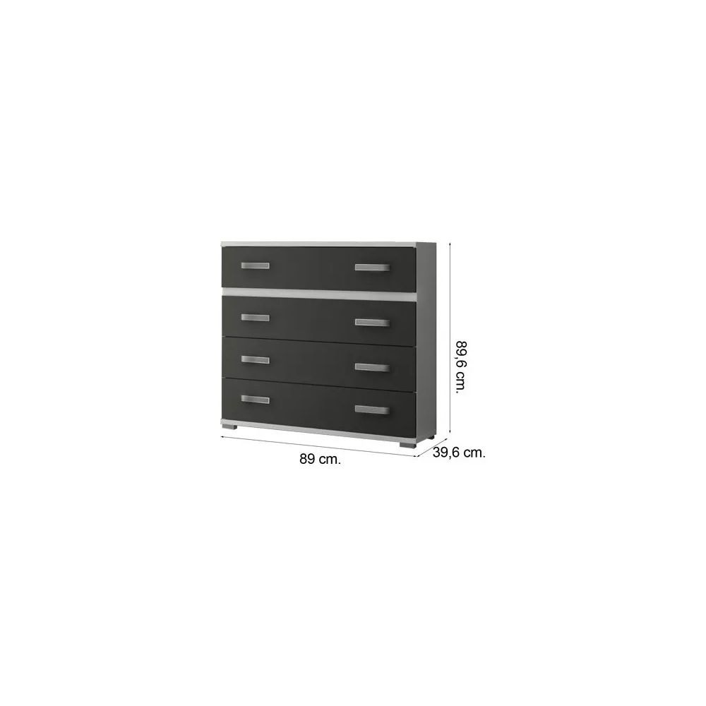 Comoda 4 Cajones, Mueble Almacenaje Dormitorio, Color Blanco y Grafito, Medidas: 89 cm (Lar) x 89,6 cm (Al) x 39,6 cm de (Fon)