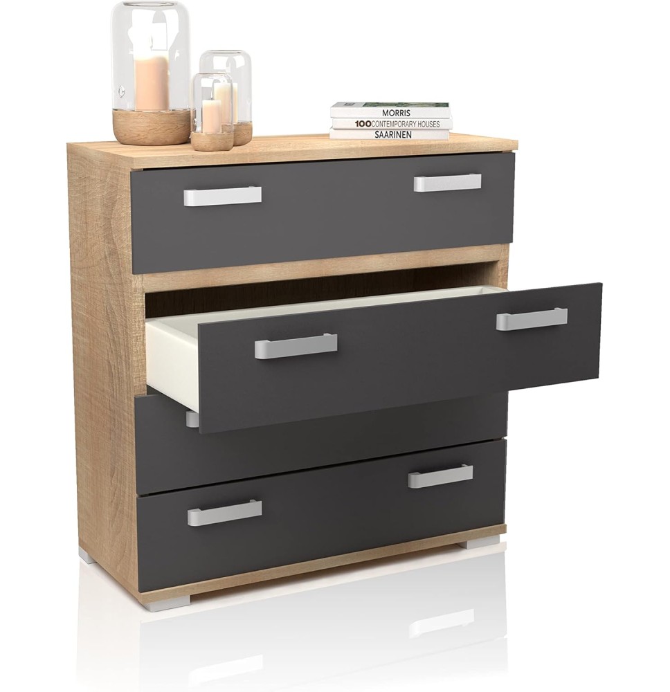 Cómoda 4 Cajones, Mueble Almacenaje Dormitorio, Color Cambria y Grafito, Medidas: 89 cm (Lar) x 89,6 cm (Al) x 39,6 cm de (Fon)