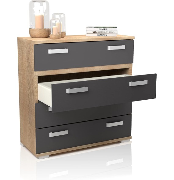 Cómoda 4 Cajones, Mueble Almacenaje Dormitorio, Color Cambria y Grafito, Medidas: 89 cm (Lar) x 89,6 cm (Al) x 39,6 cm de (Fon)