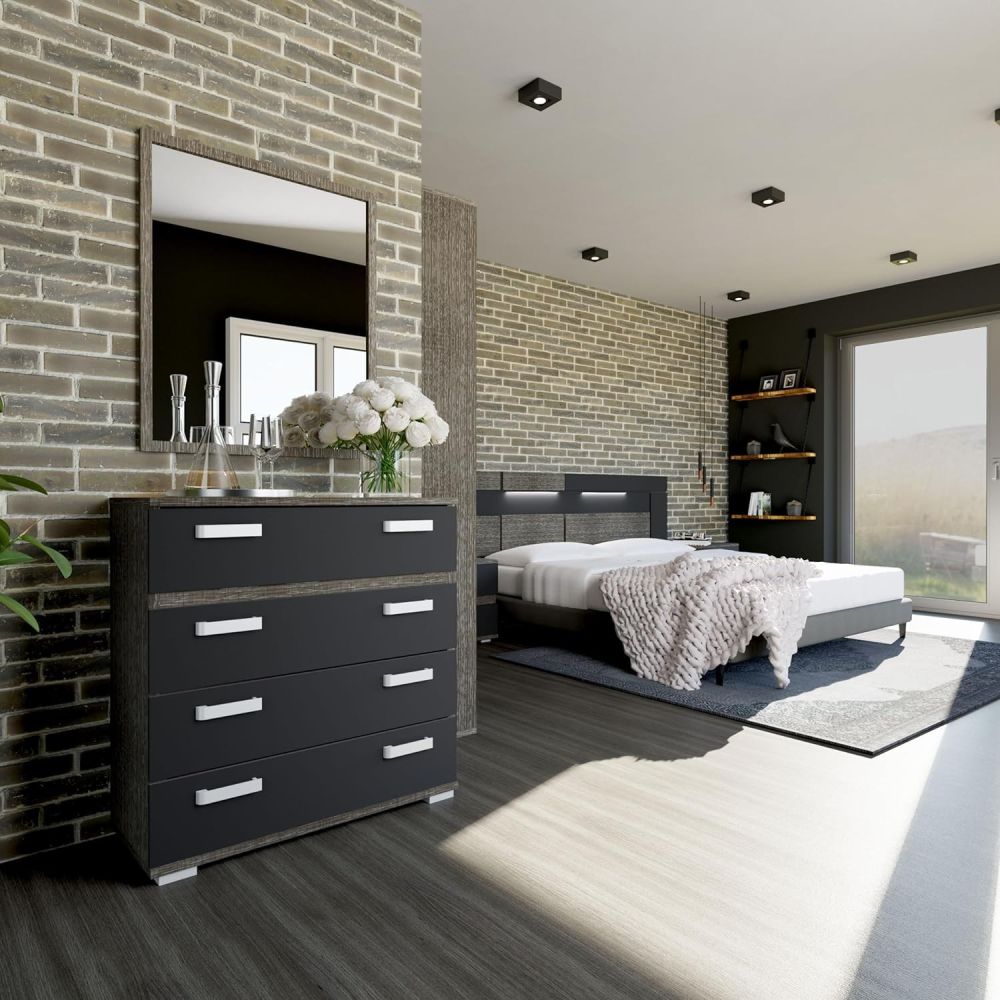 Cómoda 4 Cajones, Mueble Almacenaje Dormitorio, Color Ceniza y Negro, Medidas: 89 cm (Lar) x 89,6 cm (Al) x 39,6 cm de (Fon)
