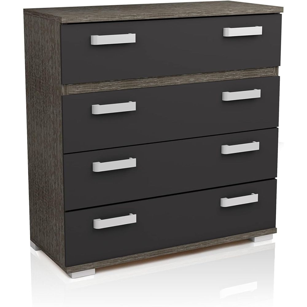 Cómoda 4 Cajones, Mueble Almacenaje Dormitorio, Color Ceniza y Negro, Medidas: 89 cm (Lar) x 89,6 cm (Al) x 39,6 cm de (Fon)