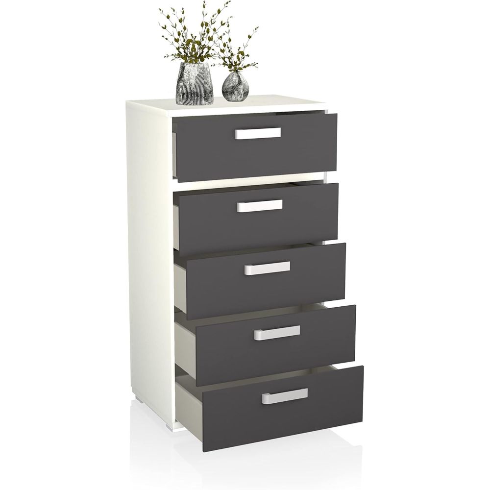 Sinfonier 5 Cajones, Cómoda,Dormitorio, Color Blanco y Grafito, Medidas: 60 cm (Lar) x 109,4 cm (Al) x 39,6 cm de (Fon)