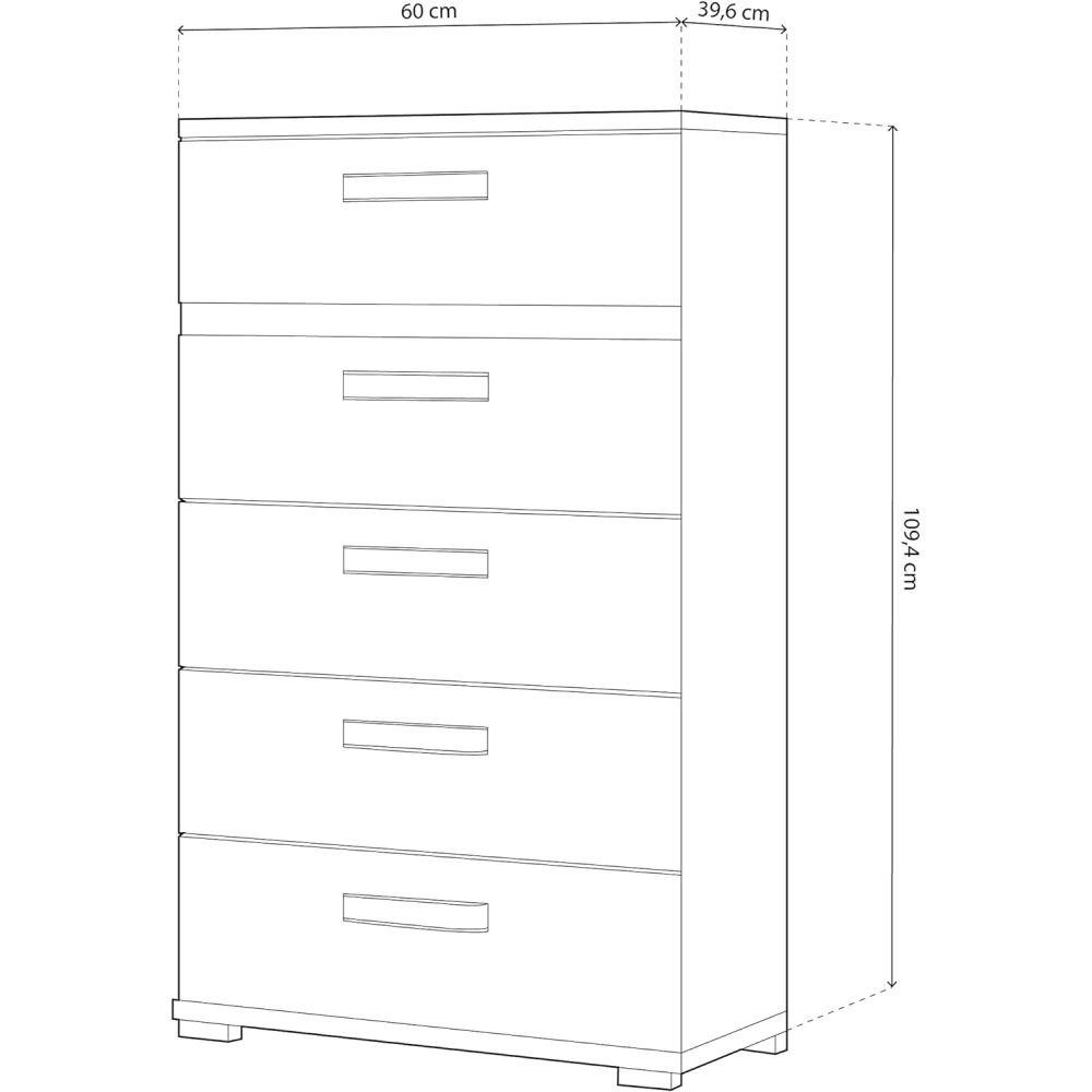 Sinfonier 5 Cajones, Cómoda,Dormitorio, Color Blanco y Grafito, Medidas: 60 cm (Lar) x 109,4 cm (Al) x 39,6 cm de (Fon)