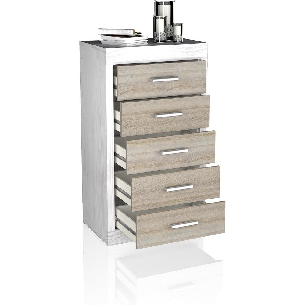 Sinfonier 5 Cajones, Cómoda, Dormitorio, Acabado en Andersen Pino y Gris/ 60 cm (Lar) x 106,5 cm (Al) x 39,6 cm de (Fon)