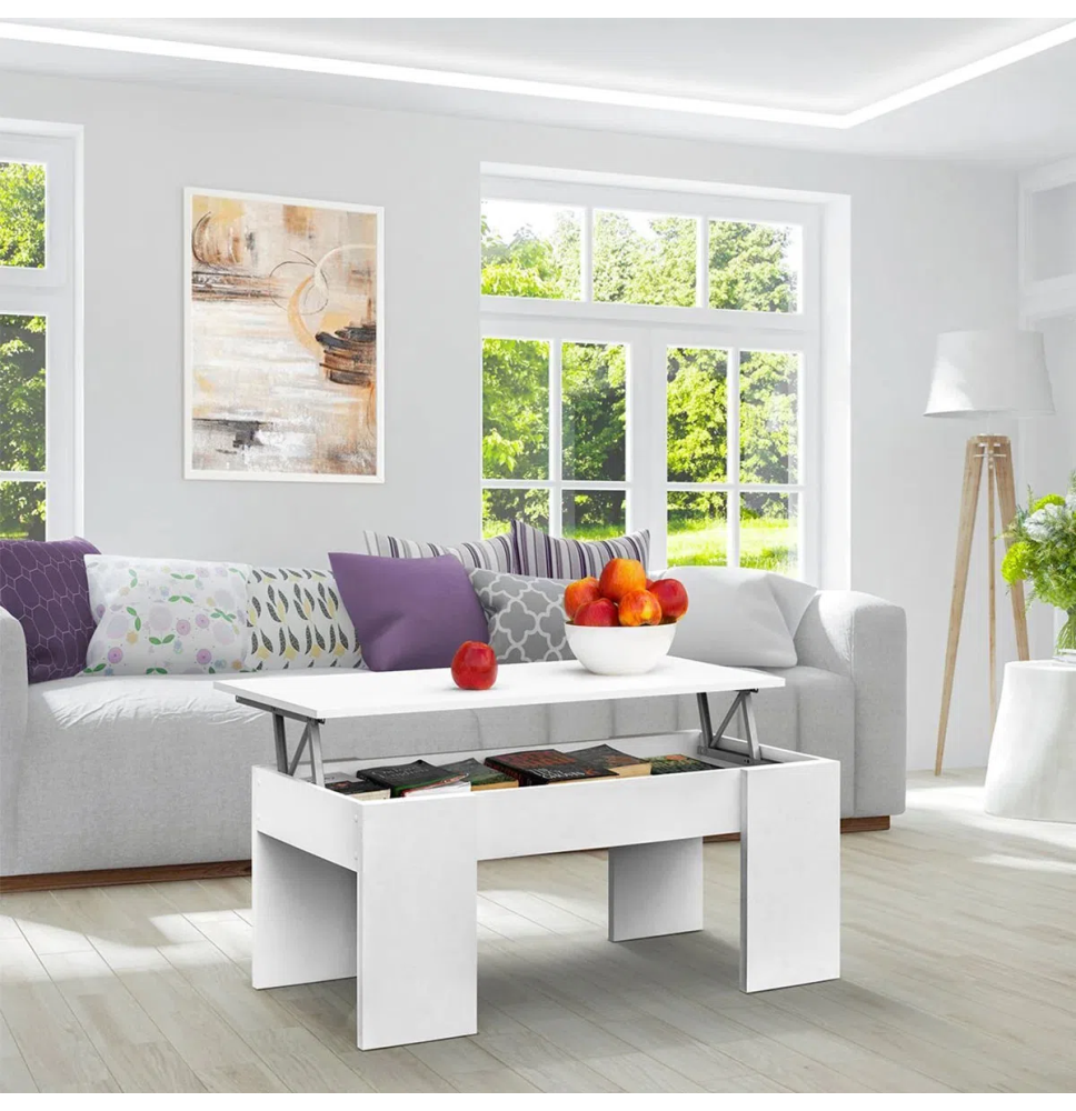 Mesa de Centro Elevable, Mesita de Salón o Comedor, Acabado en Color Blanco, Medidas: 90 cm (An) x 50 cm (Fon) x 46-57 cm (Al)