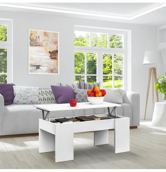 Mesa de Centro Elevable, Mesita de Salón o Comedor, Acabado en Color Blanco, Medidas: 90 cm (An) x 50 cm (Fon) x 46-57 cm (Al)