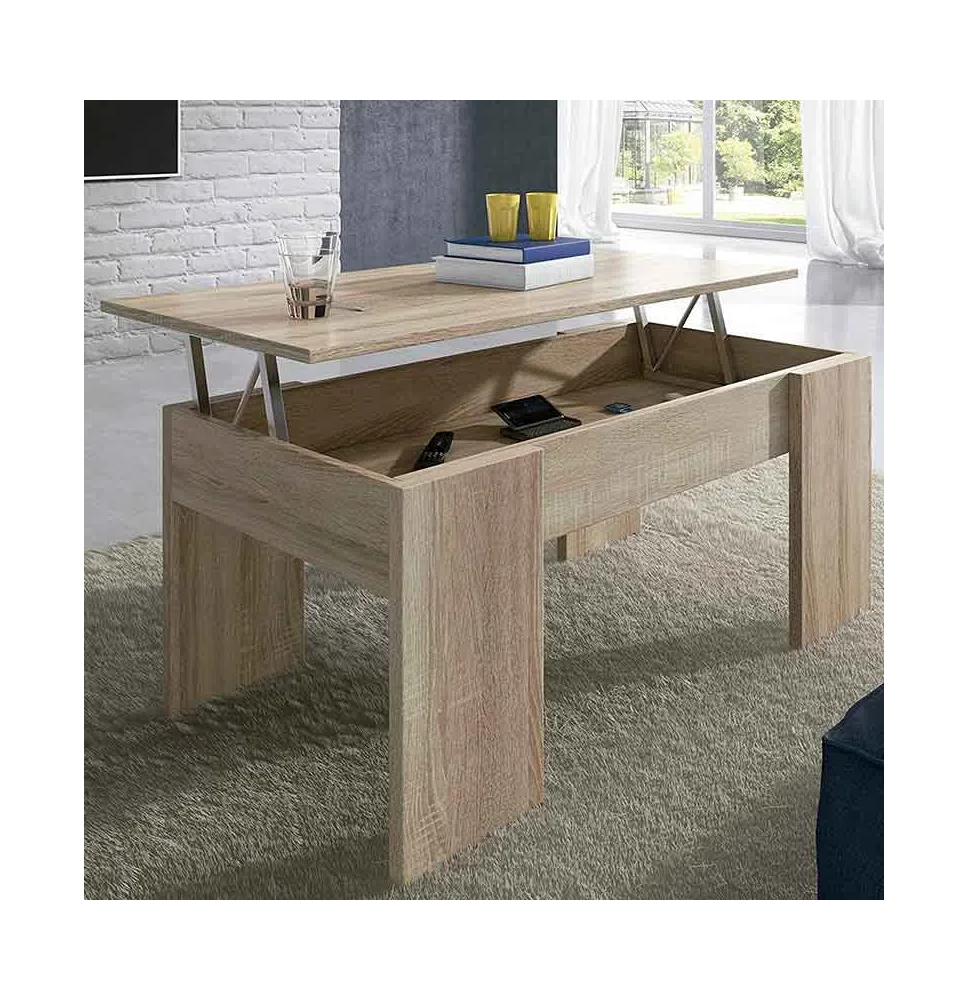 Mesa de Centro Elevable, Para Salón o Comedor, Acabado en Color Cambria, Medidas: 90 cm (An) x 50 cm (Fon) x 46-57 cm (Al)