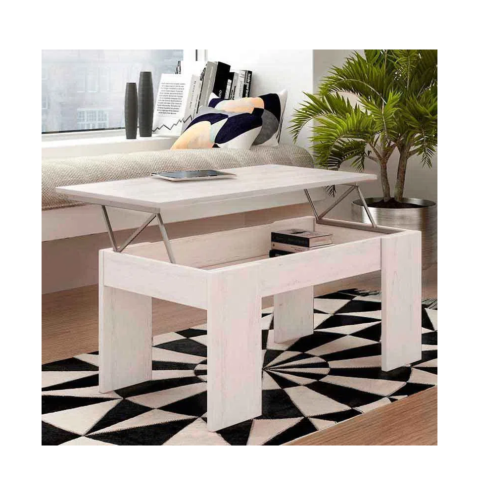 Mesa de Centro Elevable, Mesita de Saló, Acabado en Color Gris Polar, Medidas: 90 cm (An) x 50 cm (Fo) x 46-57 cm (Al)