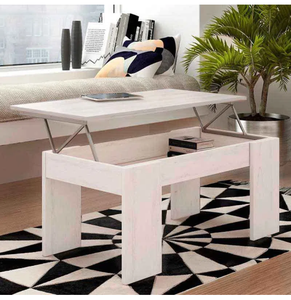 Mesa de Centro Elevable, Mesita de Saló, Acabado en Color Gris Polar, Medidas: 90 cm (An) x 50 cm (Fo) x 46-57 cm (Al)