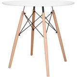 Mesa Redonda de Comedor o Cocina en Patas de Madera y Tapa Blanca – 80 cm de Diámetro y 75 cm de Alto.
