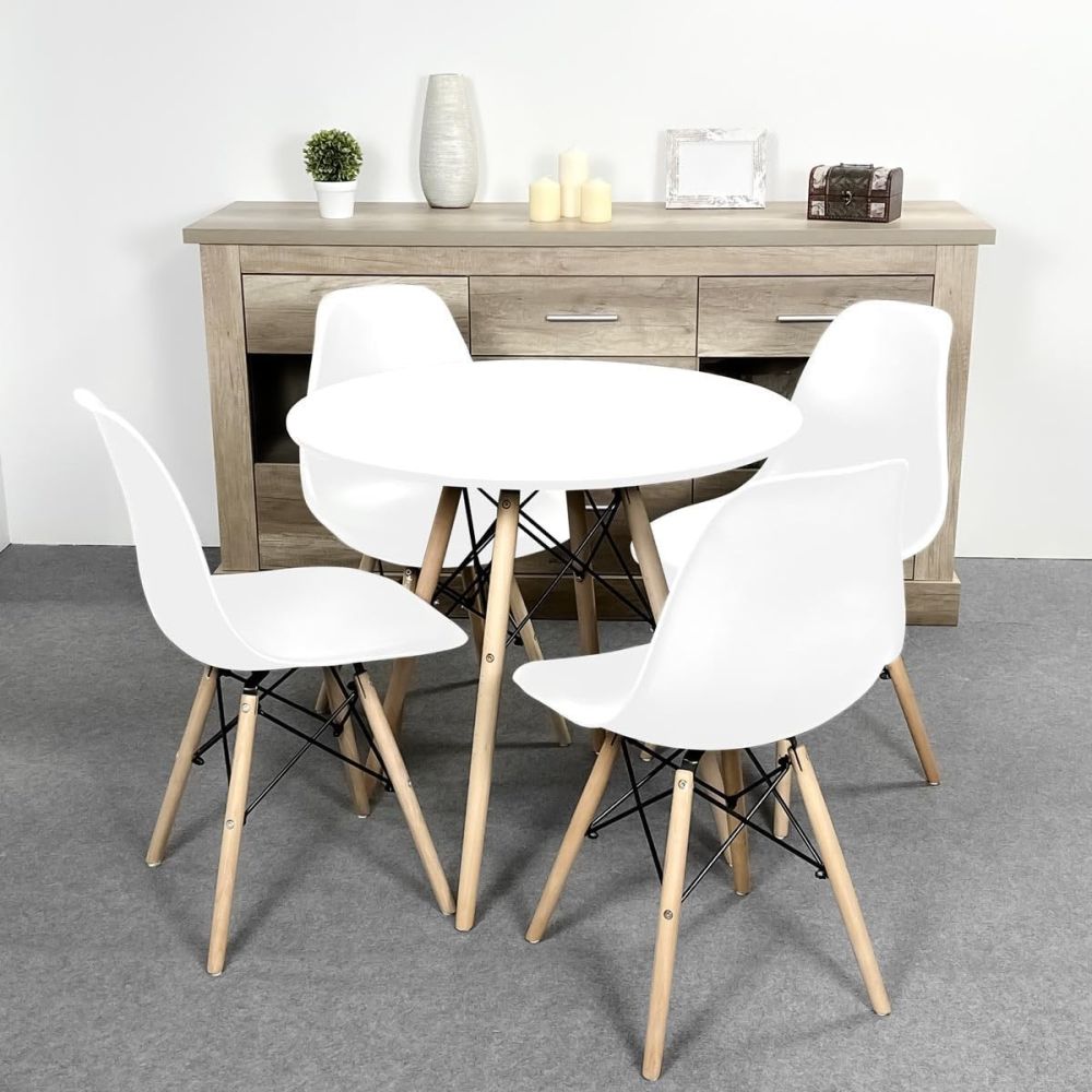 Mesa Redonda de Comedor o Cocina en Patas de Madera y Tapa Blanca – 80 cm de Diámetro y 75 cm de Alto.