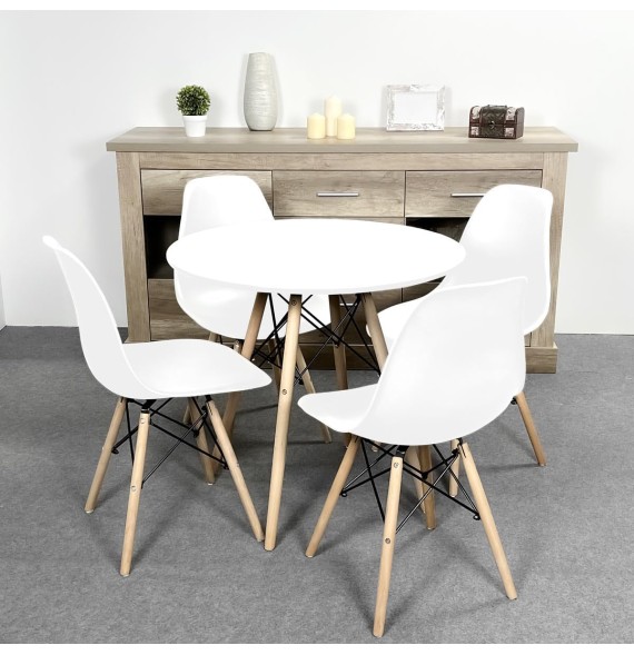 Conjunto Mesa y Sillas Nórdicas: Mesa Blanca (80x80x76 cm) + 4 Sillas Blancas con Patas de Madera Haya (46,5 x 48 x 82 cm)