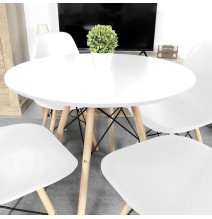 Conjunto Mesa y Sillas Nórdicas: Mesa Blanca (80x80x76 cm) + 4 Sillas Blancas con Patas de Madera Haya (46,5 x 48 x 82 cm)