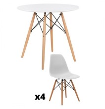 Conjunto Mesa y Sillas Nórdicas: Mesa Blanca (80x80x76 cm) + 4 Sillas Blancas con Patas de Madera Haya (46,5 x 48 x 82 cm)