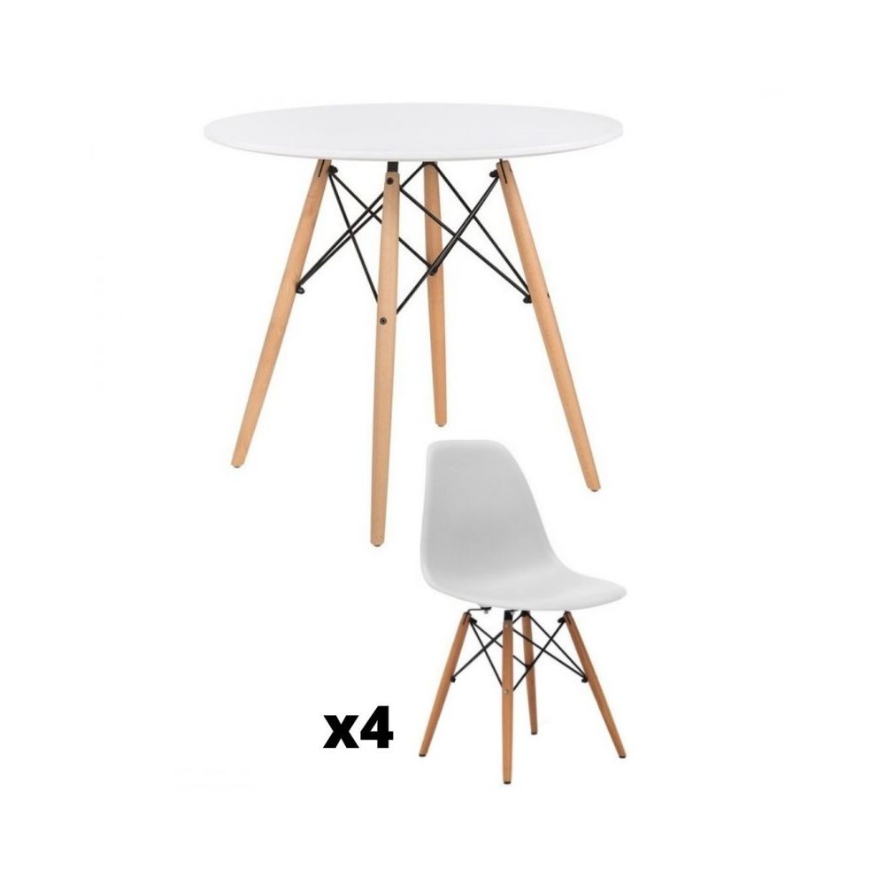 Conjunto Mesa y Sillas Nórdicas: Mesa Blanca (80x80x76 cm) + 4 Sillas Blancas con Patas de Madera Haya (46,5 x 48 x 82 cm)