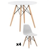 Conjunto Mesa y Sillas Nórdicas: Mesa Blanca (80x80x76 cm) + 4 Sillas Blancas con Patas de Madera Haya (46,5 x 48 x 82 cm)