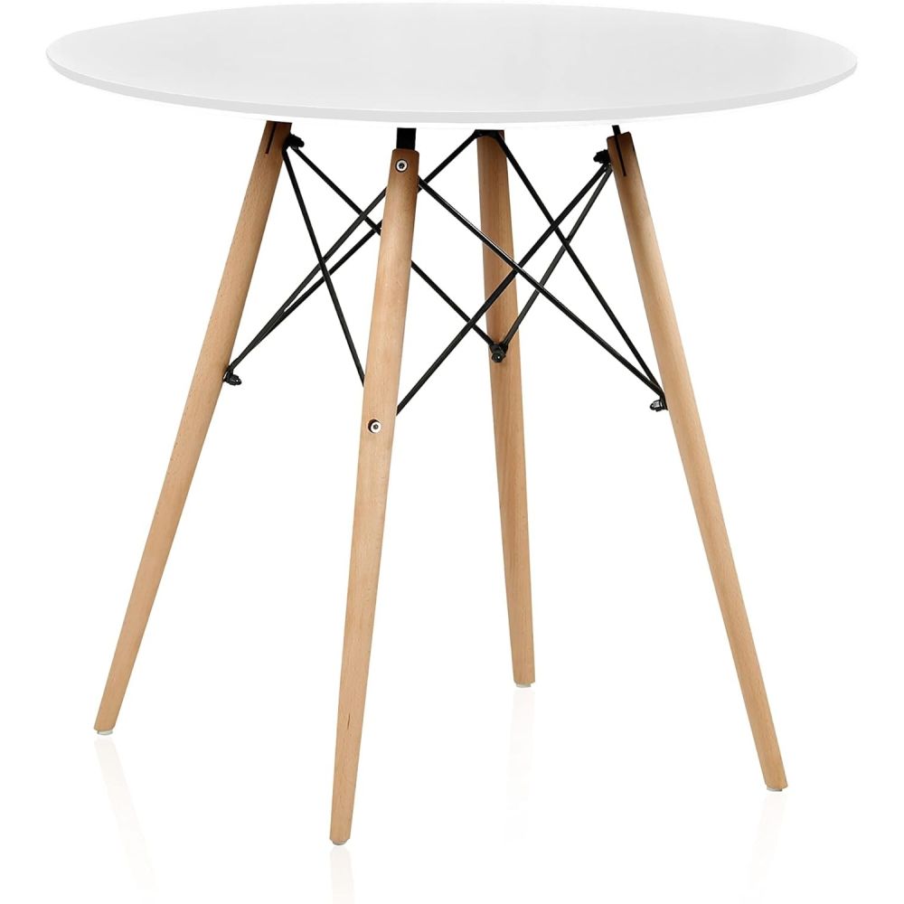 Conjunto Mesa y Sillas Nórdicas: Mesa Blanca (80x80x76 cm) + 4 Sillas Blancas con Patas de Madera Haya (46,5 x 48 x 82 cm)