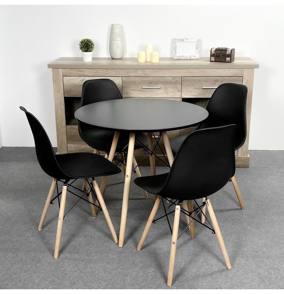Conjunto Mesa y Sillas Nórdicas: Mesa Negra (80x80x76 cm) + 4 Sillas Negras con Patas de Madera Haya (46,5 x 48 x 82 cm)