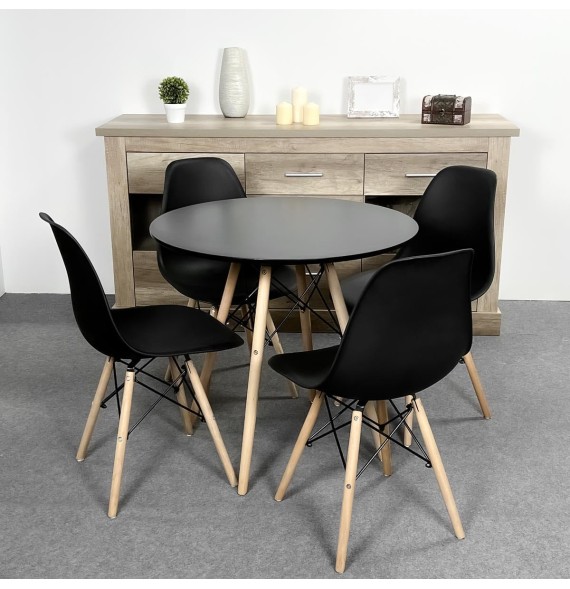 Conjunto Mesa y Sillas Nórdicas: Mesa Negra (80x80x76 cm) + 4 Sillas Negras con Patas de Madera Haya (46,5 x 48 x 82 cm)