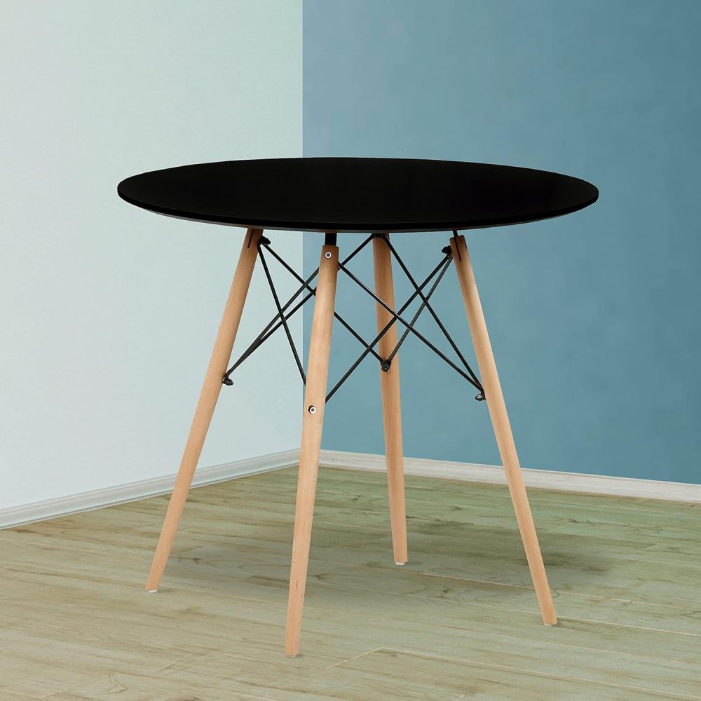 Conjunto Mesa y Sillas Nórdicas: Mesa Negra (80x80x76 cm) + 4 Sillas Negras con Patas de Madera Haya (46,5 x 48 x 82 cm)