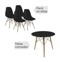 Conjunto Mesa y Sillas Nórdicas: Mesa Negra (80x80x76 cm) + 4 Sillas Negras con Patas de Madera Haya (46,5 x 48 x 82 cm)