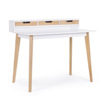 Mesa de Estudio - Escritorio con Encimera MDF Lacado en Blanco Mate y Patas de Pino Macizo – 120x60x90 cm