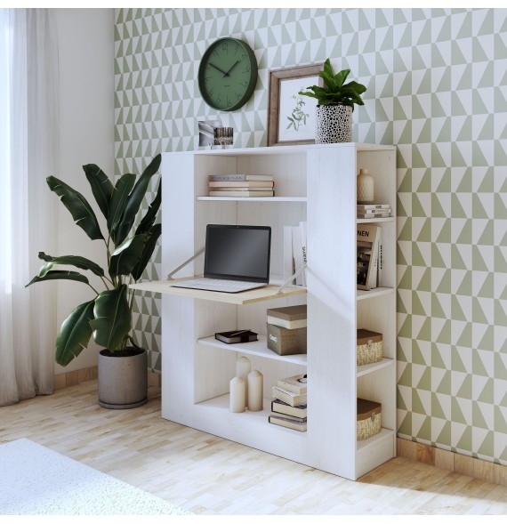 Estantería con Escritorio, Mesa de Ordenador, Acabado en Blanco y Madera, Medidas: 119,6 cm (Largo) x 139,6 cm (Alto) x 34,5