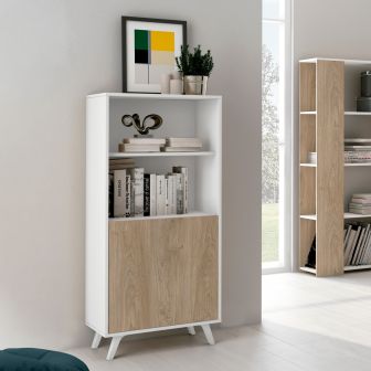 Mueble Bar para Salón o Comedor, Aparador de Cocina, Color Blanco-Roble, Medidas: 60 cm (An) x 135 cm (Al) x 40 cm (Fon)