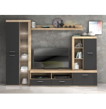 Mueble de Salón Moderno con Leds, Acabado en Cambria - Grafito, Medidas: 260 cm (Ancho) x 191 cm (Alto) 47,5 cm (Fondo)