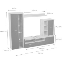 Mueble de Salón Moderno con Leds, Acabado en Cambria - Grafito, Medidas: 260 cm (Ancho) x 191 cm (Alto) 47,5 cm (Fondo)