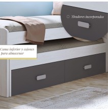 Cama Nido Juvenil Doble con Cajones de Almacenaje – Blanco Veteado y Grafito, 198.4 cm Largo x 98 cm Ancho x 72 cm Alto