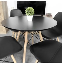 Mesa Redonda de Comedor o Cocina en Patas de Madera y Tapa Negra – 80 cm de Diámetro y 75 cm de Alto.