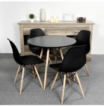 Mesa Redonda de Comedor o Cocina en Patas de Madera y Tapa Negra – 80 cm de Diámetro y 75 cm de Alto.