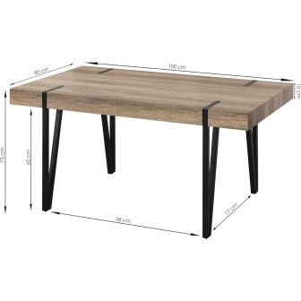 Mesa de Comedor o Cocina, MDF con Acabado Laminado Color Canyon | Patas Metálicas Negras | Medidas: 150 x 90 x 75 cm