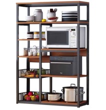 Estantería de Cocina, Estante Abierto de Pie 2 Mallas metálicas y múltiples Estantes 80x30x142cm, Color Negro y Madera