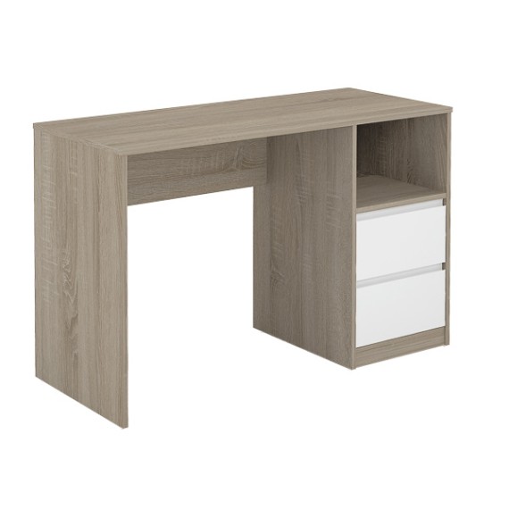 Escritorio de Oficina con 2 Cajones y 1 Estante, MDF Roble y Blanco, 120x50x75 cm - Moderno y Funcional