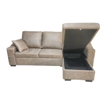 Sofá Cama 3 Plazas Reversible con Chaiselongue y Almacenaje, Tapizado en Tela Piedra, 229x93x153 cm