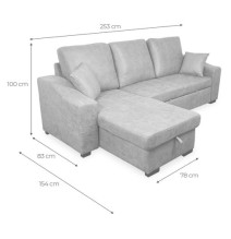Sofá Cama 3 Plazas Reversible con Chaiselongue y Almacenaje, Tapizado en Tela Piedra, 229x93x153 cm