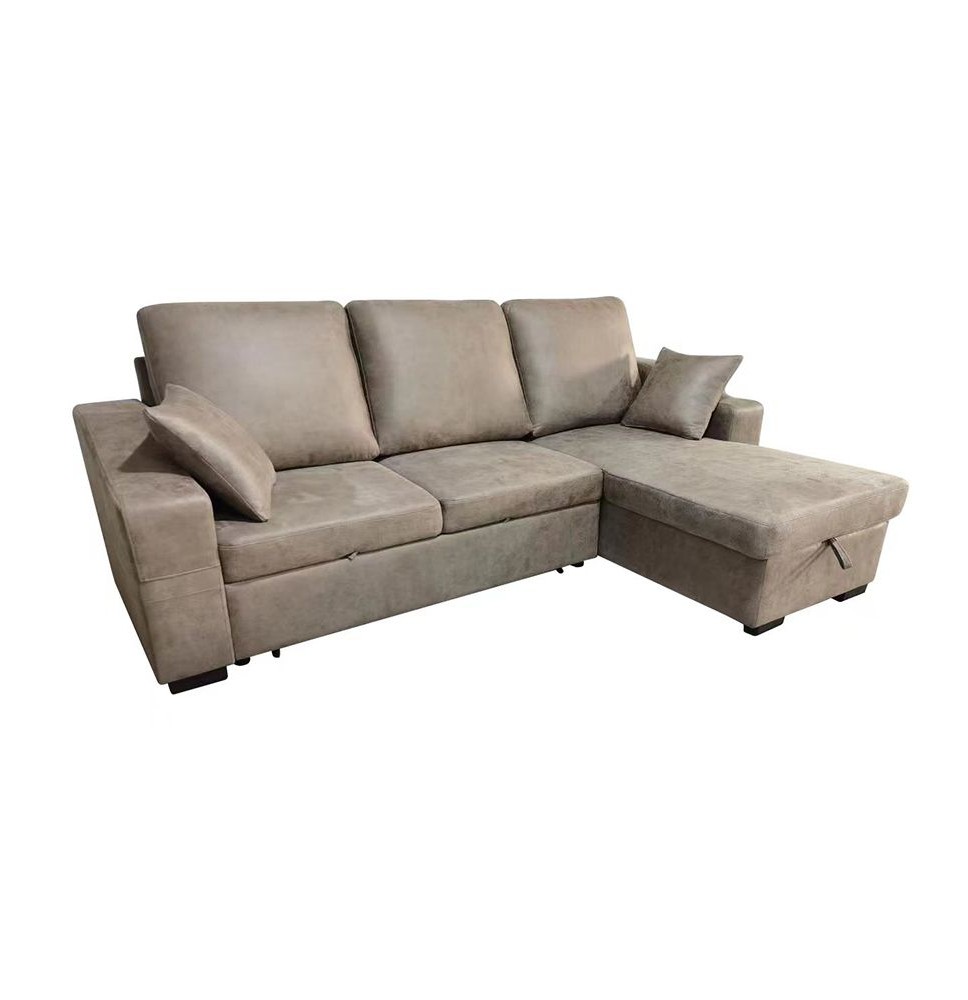 Sofá Cama 3 Plazas Reversible con Chaiselongue y Almacenaje, Tapizado en Tela Cemento, 229x93x153 cm