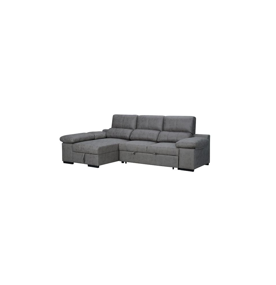 Sofá con Chaiselongue Reversible Color Cemento, Asientos Extensibles y Arcón, 291x160x104 cm, Tapizado en Tela