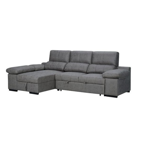 Sofá con Chaiselongue Reversible Color Cemento, Asientos Extensibles y Arcón, 291x160x104 cm, Tapizado en Tela