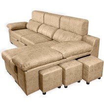 Sofá con Chaiselongue Reversible Color Piedra, Asientos Extensibles y Arcón, 291x160x104 cm, Tapizado en Tela
