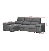 Sofá con Chaiselongue Reversible Color Piedra, Asientos Extensibles y Arcón, 291x160x104 cm, Tapizado en Tela