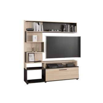 Mueble Mesa TV de Madera Color Wengué y Natural con Estantes y Puertas, 151.5x37.5x169.5 cm – Mueble salón moderno.