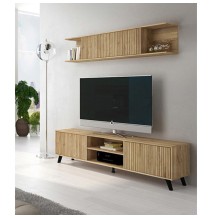Conjunto de Salón Mueble Completo: Bajo TV, Vitrina, Estantería Decorativa y 2 Estantes - Color Mauvella Rayas
